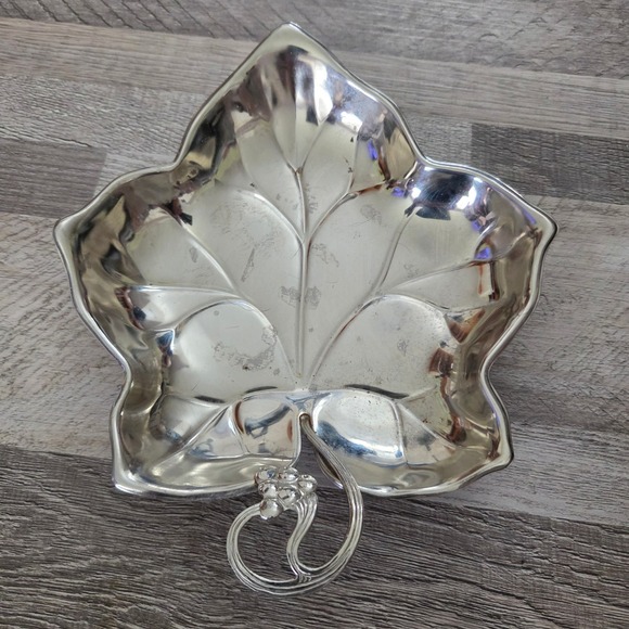 Hugo Silver Other - Vintage Silver Plated Leaf Dish Grape Handle Footed Trinket Bowl Hong Kong 9.5"